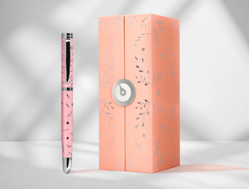 STYLO-PLUME BELIUS COLLECTION1 ALUMINIUM ENCRE   BLEUE COLORIS ROSE DESIGN     RELIEF ARGENTE BOITE DESIGN