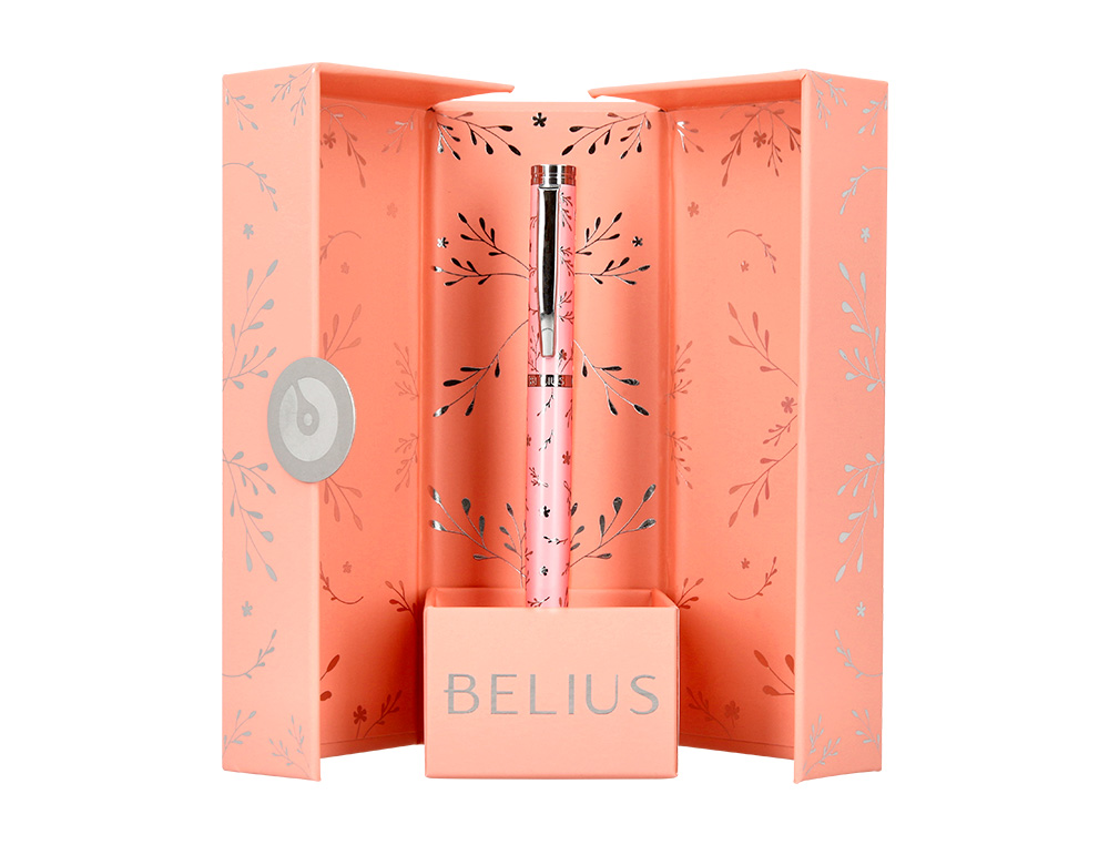 STYLO-PLUME BELIUS COLLECTION1 ALUMINIUM ENCRE   BLEUE COLORIS ROSE DESIGN     RELIEF ARGENTE BOITE DESIGN