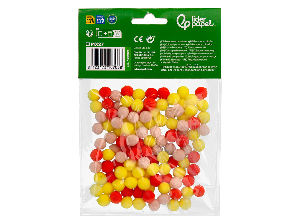 POMPONS DE COULEUR LIDERPAPEL DIAMETRE 1CM COLORIS NUANCES VIFS ASSORTIS SACHET 120 UNITES