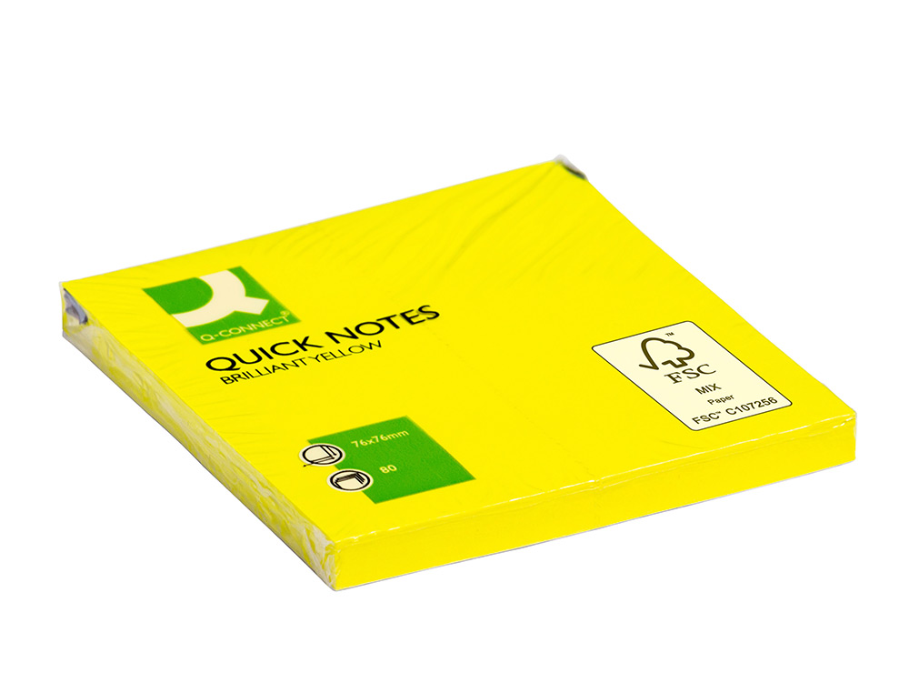 BLOC-NOTES Q-CONNECT QUICK NOTES COULEURS NON 76X76MM 80F REPOSITIONNABLES COLORIS JAUNE VIF