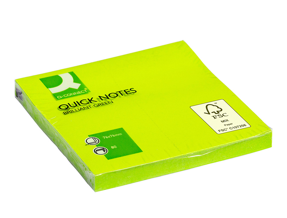 BLOC-NOTES Q-CONNECT QUICK NOTES COULEURS NÉON 76X76MM 80F REPOSITIONNABLES COLORIS VERT VIF
