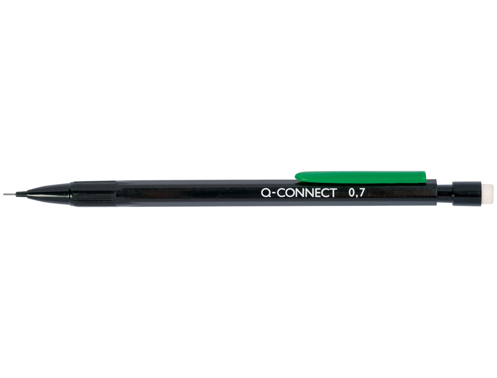 PORTE-MINE Q-CONNECT 0.7MM CORPS PLASTIQUE NOIR EMBOUT GOMME 3 MINES HB AGRAFE VERTE