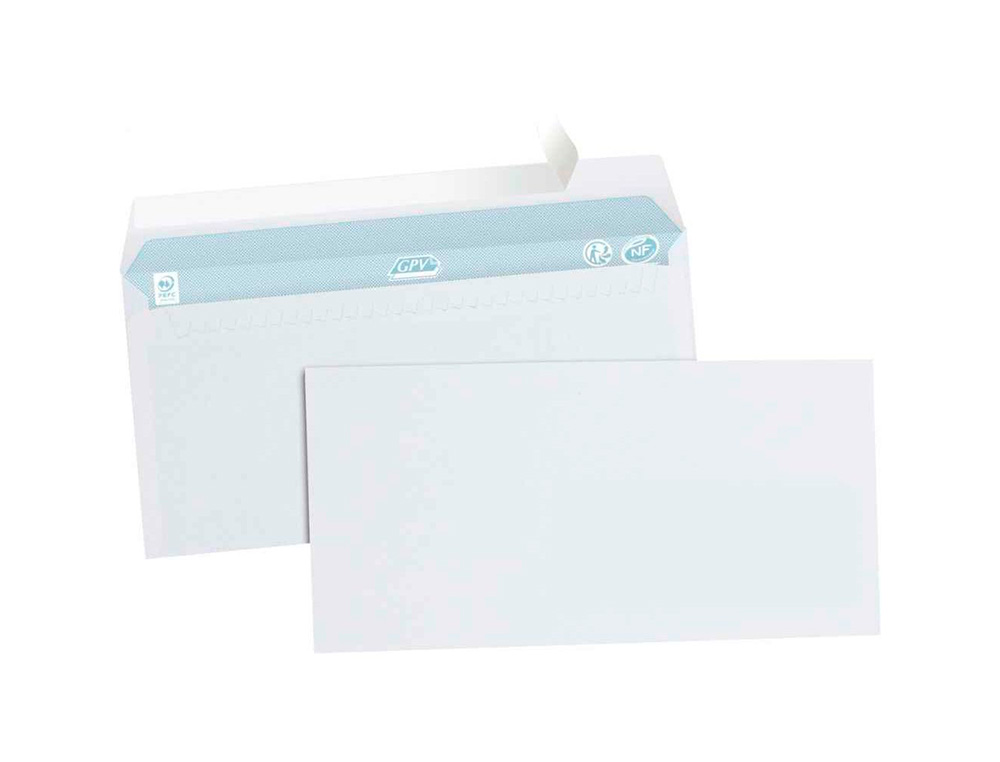ENVELOPPE GPV ÉCONOMIQUE VÉLIN BLANC 75G DL 110X220MM ADHÉSIVE FENÊTRE 45X100MM PAQUET 50 UNITÉS