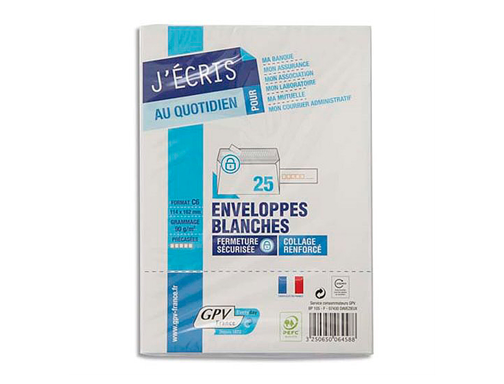 Enveloppes 114x162 mm, C6, fermeture par bande de protection adhésive.