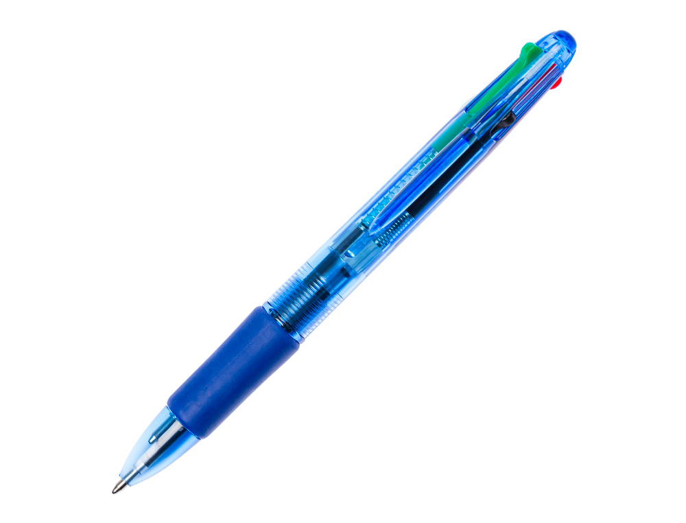 STYLO-BILLE Q-CONNECT 4 COULEURS ÉCRITURE MOYENNE 0.7MM CORPS TRANSLUCIDE BLEUTÉ ENCRE CLASSIQUE NOIR BLEU ROUGE VERT