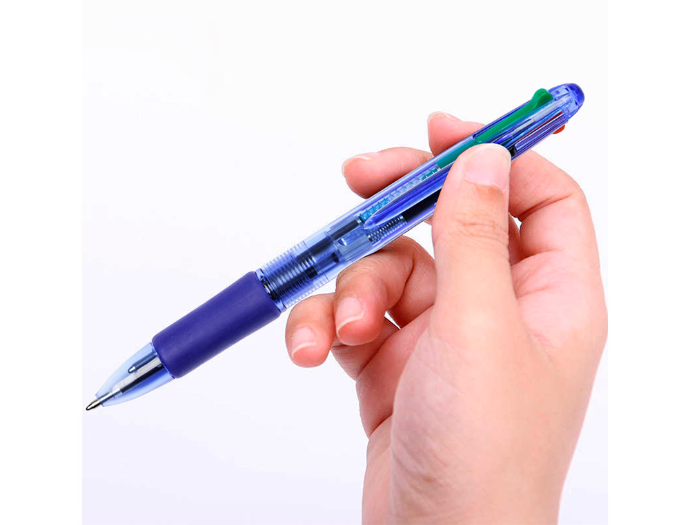 STYLO-BILLE Q-CONNECT 4 COULEURS ÉCRITURE MOYENNE 0.7MM CORPS TRANSLUCIDE BLEUTÉ ENCRE CLASSIQUE NOIR BLEU ROUGE VERT