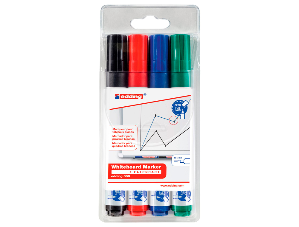 MARQUEUR EDDING E660 TABLEAU BLANC RECHARGEABLE POINTE OGIVE TRACÉ 1.5/3MM ENCRE CAP-OFF NON TOXIQUE POCHETTE 4 UNITÉS
