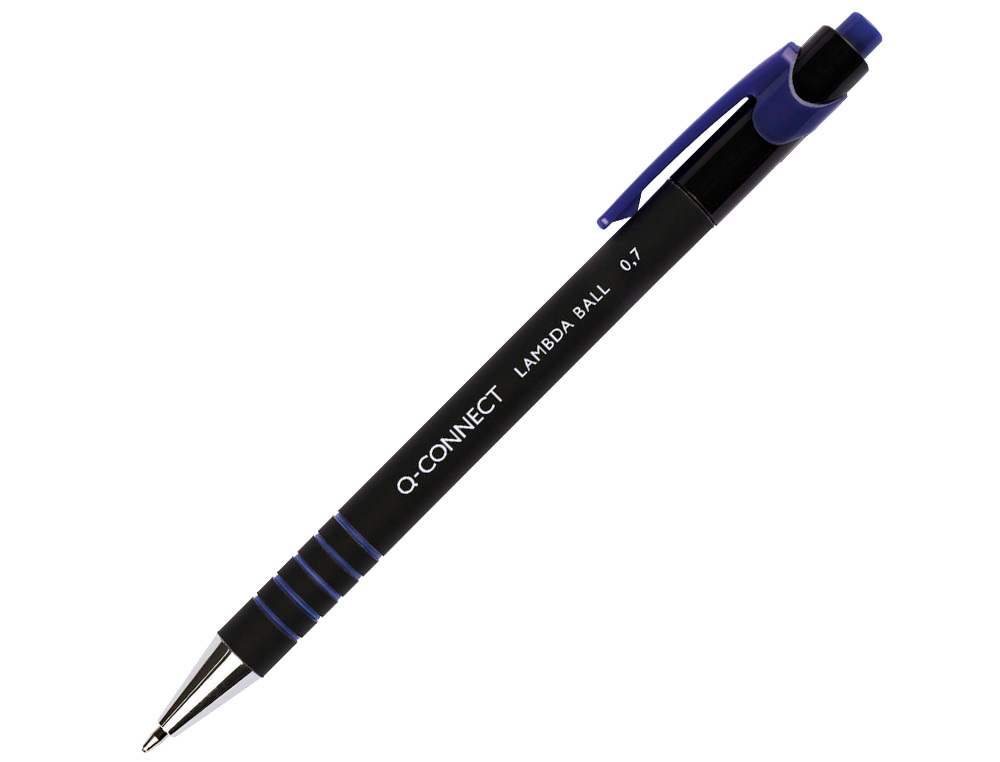 STYLO-BILLE Q-CONNECT LAMBDA RÉTRACTABLE ÉCRITURE MOYENNE 0.7MM POINTE MÉTAL CORPS CAOUTCHOUC COULEUR ENCRE BLEU