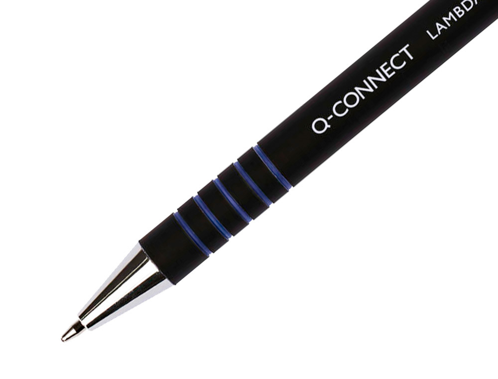 STYLO-BILLE Q-CONNECT LAMBDA RÉTRACTABLE ÉCRITURE MOYENNE 0.7MM POINTE MÉTAL CORPS CAOUTCHOUC COULEUR ENCRE BLEU