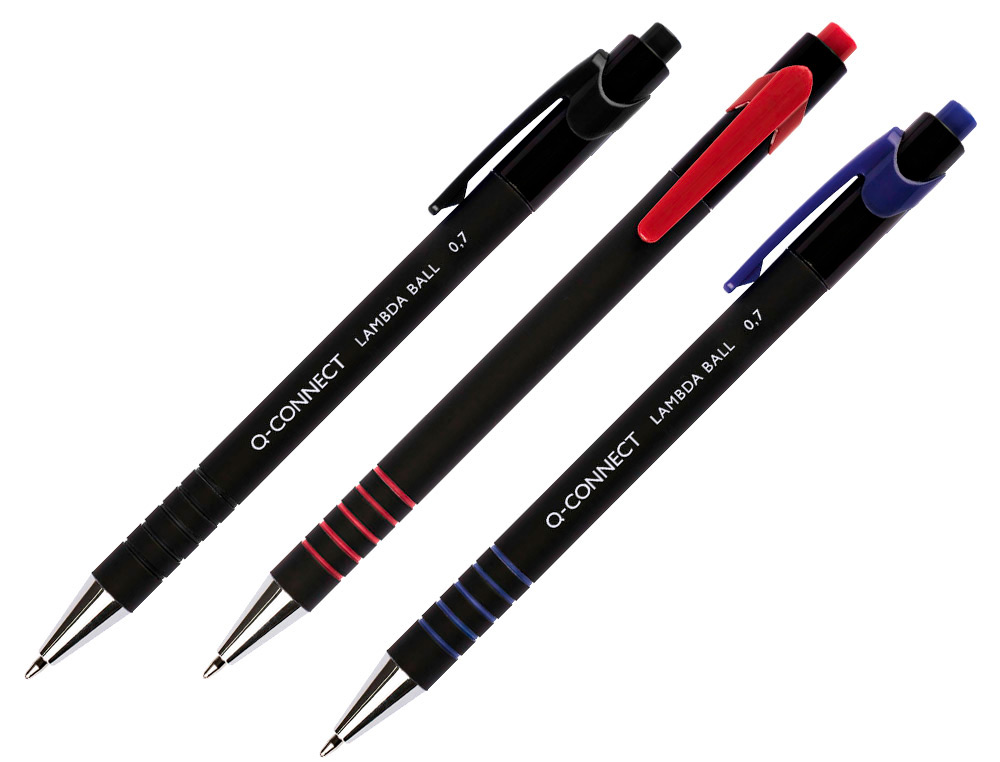STYLO-BILLE Q-CONNECT LAMBDA RÉTRACTABLE ÉCRITURE MOYENNE 0.7MM POINTE MÉTAL CORPS CAOUTCHOUC COULEUR ENCRE BLEU