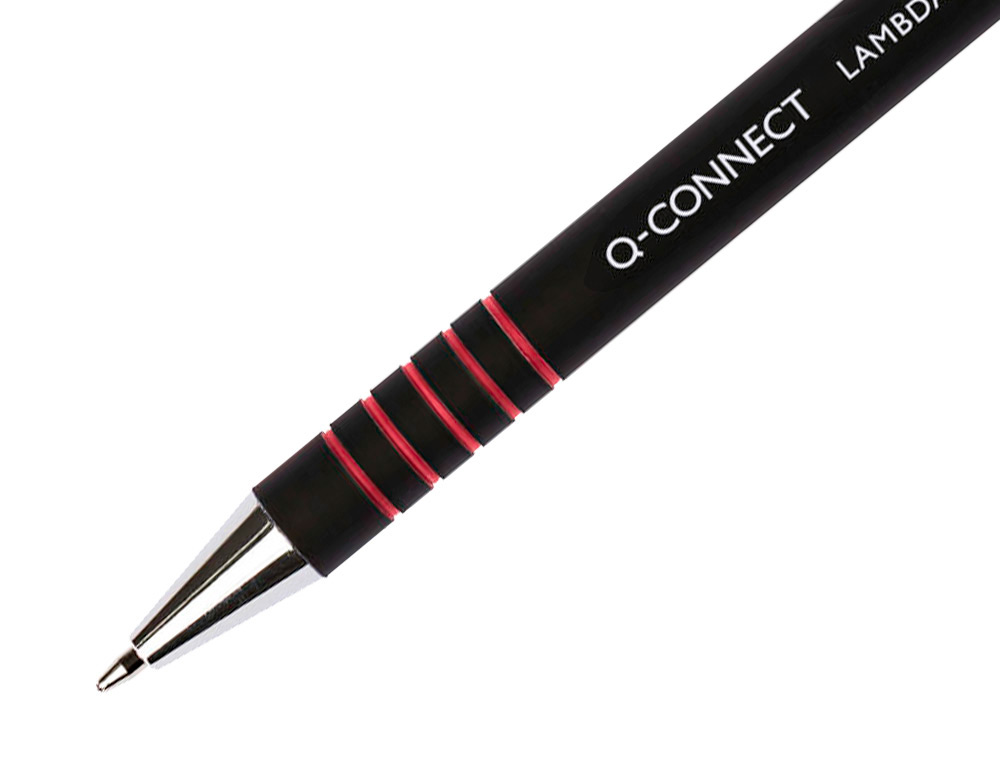 STYLO-BILLE Q-CONNECT LAMBDA RTRACTABLE CRITURE MOYENNE 0.7MM POINTE MTAL CORPS CAOUTCHOUC COULEUR ENCRE ROUGE