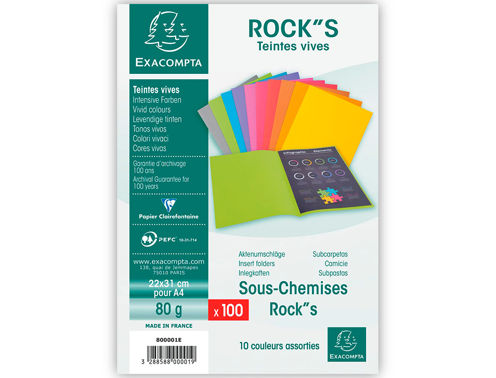 SOUS-CHEMISE EXACOMPTA ROCK'S 220X310MM 80G COLORIS ASSORTIS PACK 100 UNITS