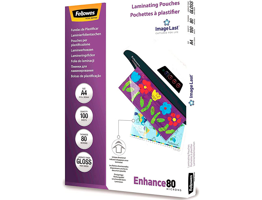 POCHETTE PLASTIFICATION FELLOWES À CHAUD POLYESTER TRANSPARENT RÉSISTANT EAU FORMAT A4 80 MICRONS BOÎTE 100 UNITÉS