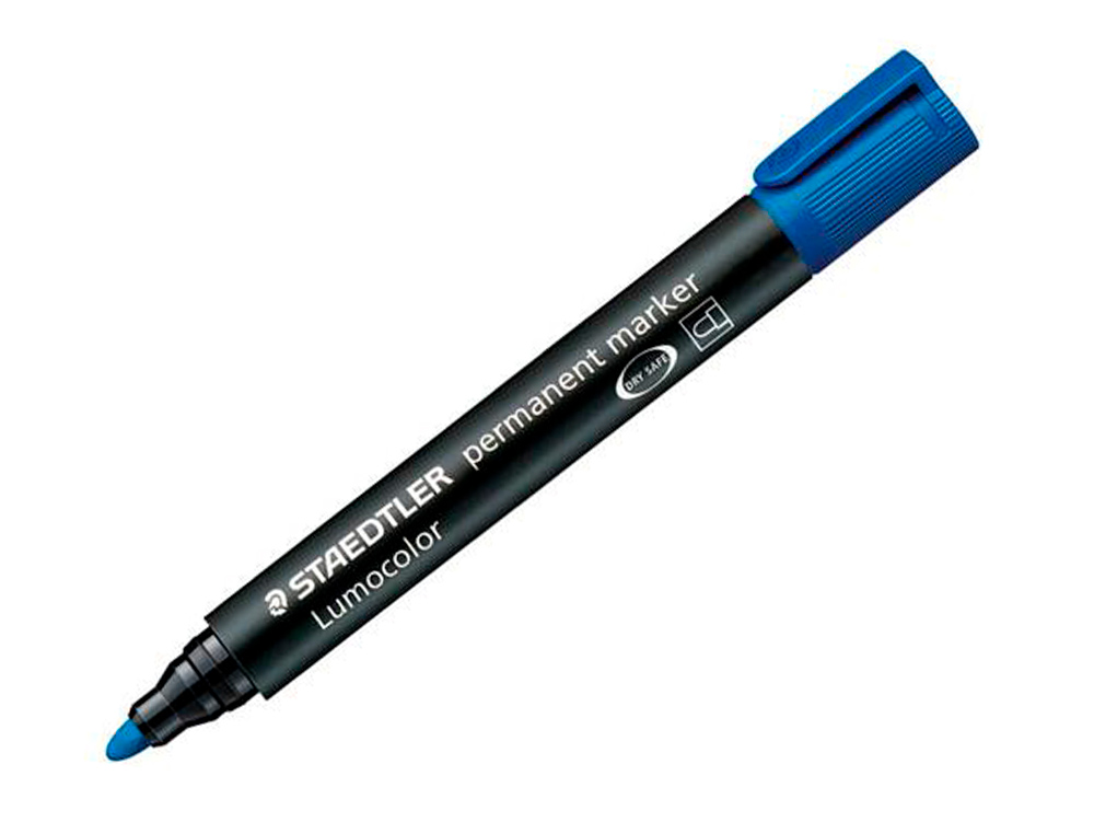 MARQUEUR STAEDTLER PERMANENT DRY SAFE LUMOCOLOR POINTE OGIVE RECHARGEABLE RÉSISTANT EAU CORPS NOIR ENCRE BLEUE