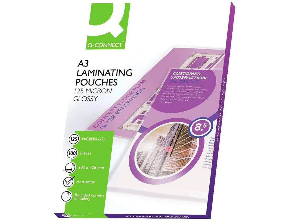 POCHETTE PLASTIFICATION Q-CONNECT  CHAUD CONOMIQUE FORMAT A3 125 MICRONS BOTE 100 UNITS