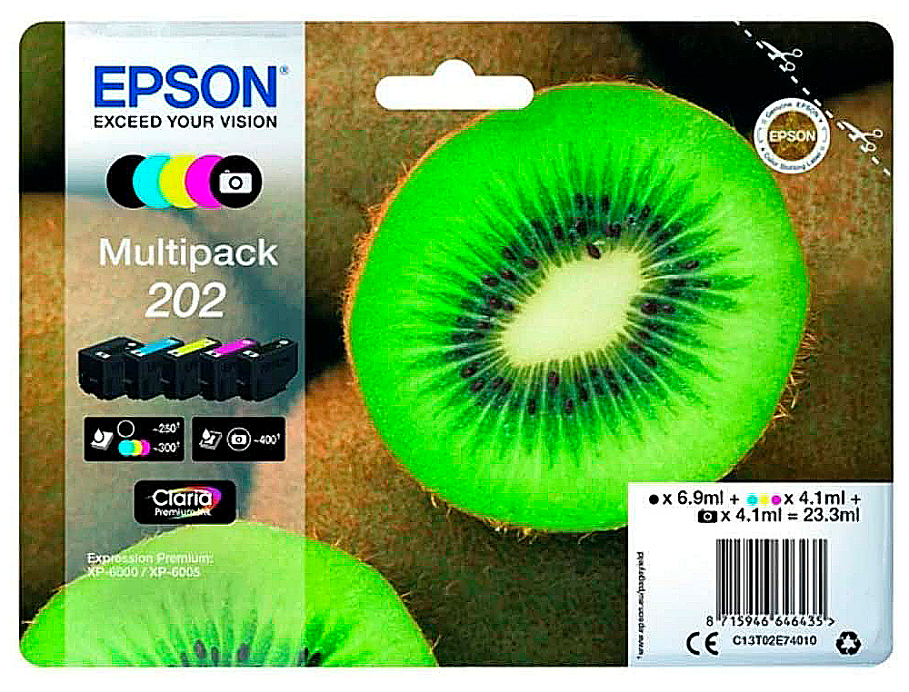 CARTOUCHE EPSON JET D'ENCRE 202 PHOTO MULTIPACK 5 COULEURS NOIR JAUNE CYAN MAGENTA NOIR 300P