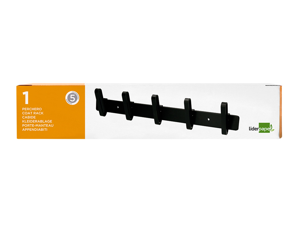 PORTE-MANTEAUX LIDERPAPEL MURAL METAL 5 PATERES         430X88X55MM COLORIS NOIR
