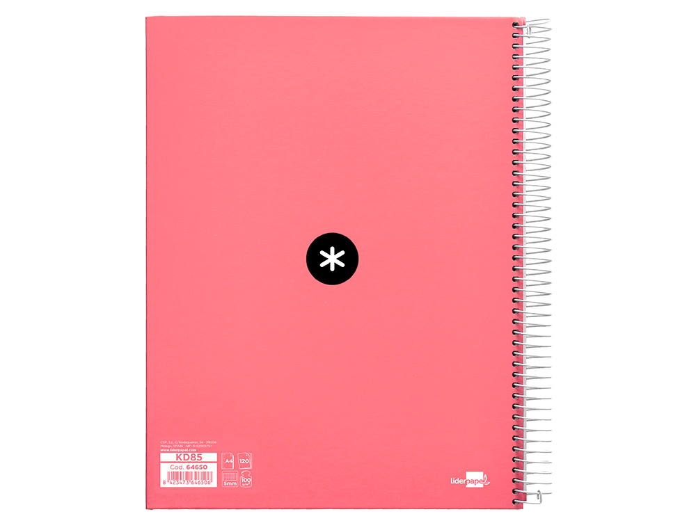 CAHIER SPIRALE LIDERPAPEL ANTARTIK A4 240P 100G REMBORDÉ QUADRILLAGE 5MM MICROPERFORÉ 5 BANDES 4 TROUS COLORIS CORAIL