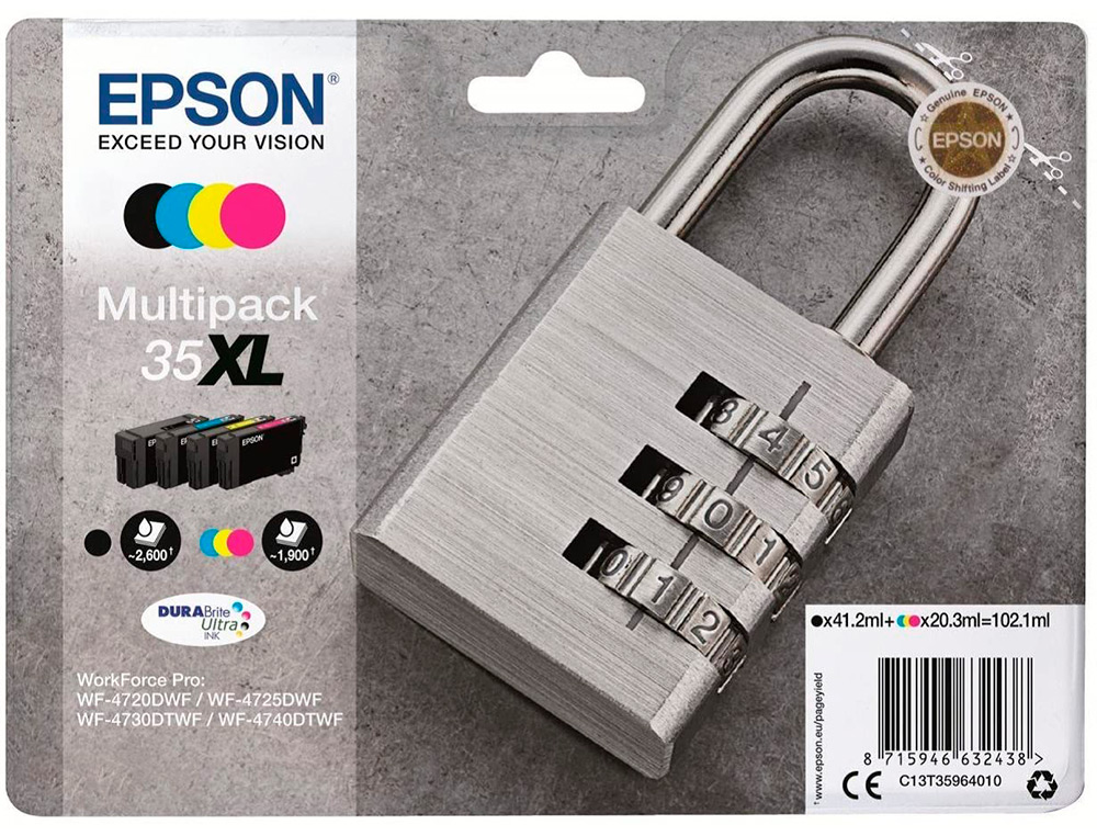 CARTOUCHE EPSON JET D'ENCRE 35XL DURABRITE CADENAS COLORIS NOIR JAUNE CYAN MAGENTA MULTIPACK 4 UNITÉS