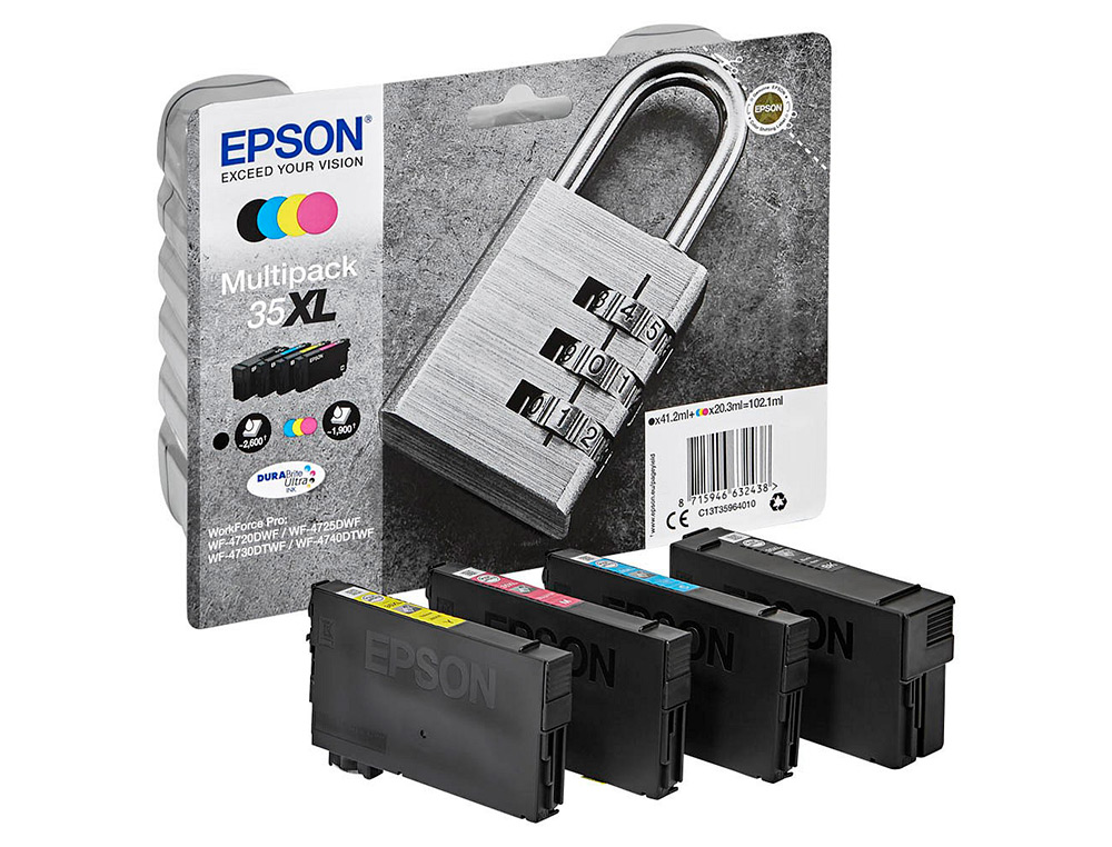 CARTOUCHE EPSON JET D'ENCRE 35XL DURABRITE CADENAS COLORIS NOIR JAUNE CYAN MAGENTA MULTIPACK 4 UNITÉS
