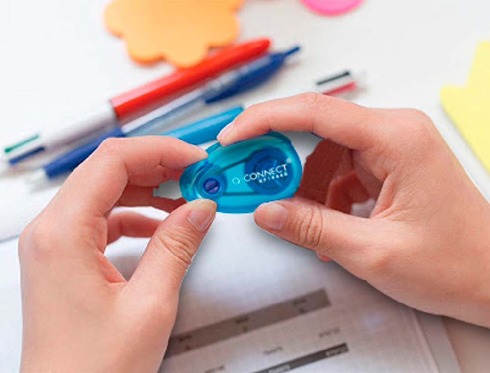 CORRECTEUR Q-CONNECT DÉVIDOIR RUBAN 5MMX6M CORRECTION LATÉRALE COLORIS ORANGE ET BLEU BLISTER DE 2 UNITÉS