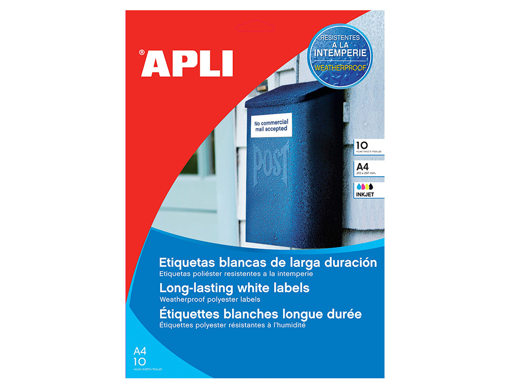 TIQUETTE ADHSIVE APLI AGIPA JET D'ENCRE POLYESTER BLANC LONGUE DURE 99.1X139MM 10 FEUILLES 40 UNITS