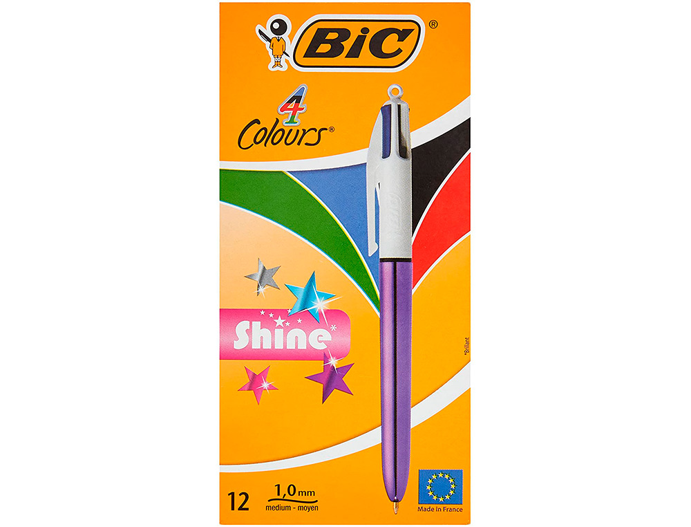 STYLO-BILLE BIC 4 COULEURS SHINE POINTE 1MM ÉCRITURE MOYENNE CORPS VIOLET MÉTALLISÉ BRILLANT