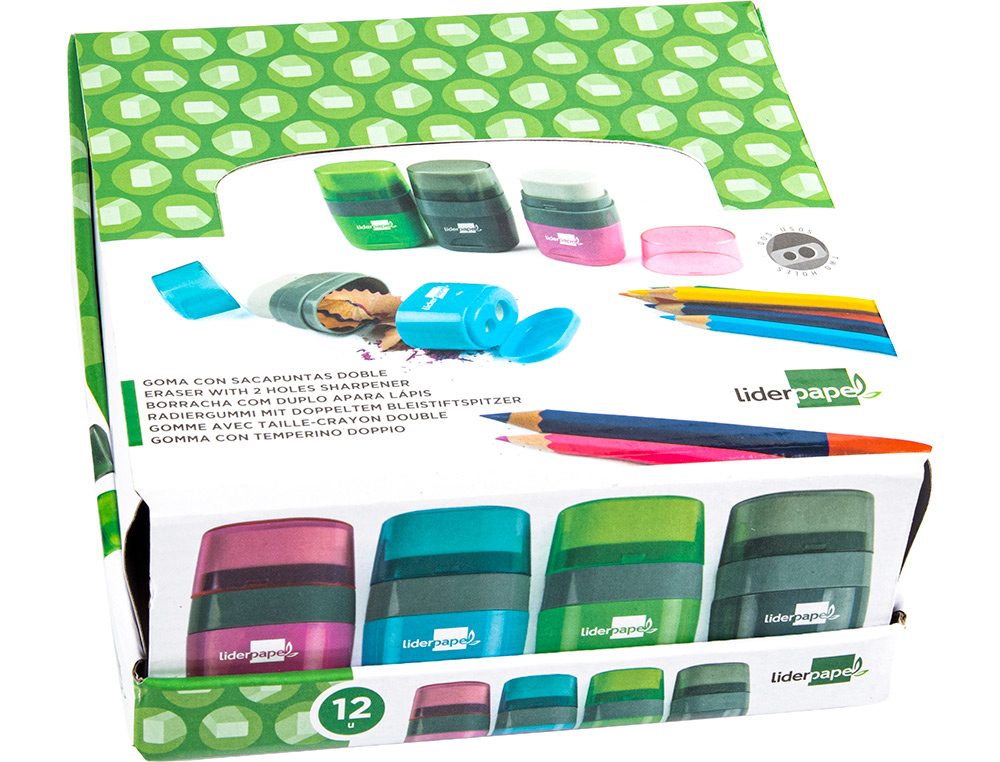 TAILLE-CRAYON LIDERPAPEL PLASTIQUE RÉSERVOIR GOMME SANS PVC 2 USAGES COLORIS ASSORTIS