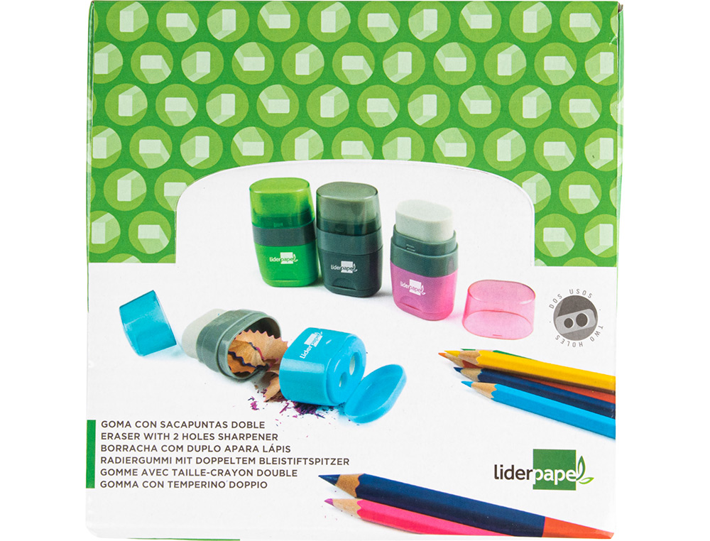 TAILLE-CRAYON LIDERPAPEL PLASTIQUE RÉSERVOIR GOMME SANS PVC 2 USAGES COLORIS ASSORTIS