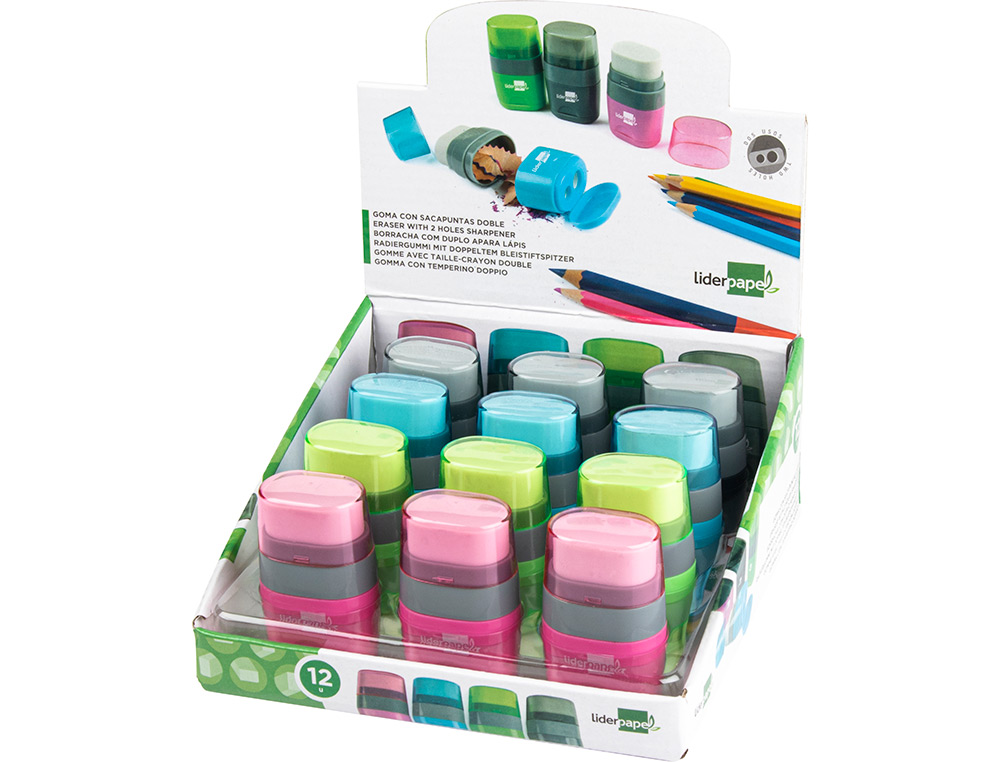 TAILLE-CRAYON LIDERPAPEL PLASTIQUE RÉSERVOIR GOMME SANS PVC 2 USAGES COLORIS ASSORTIS