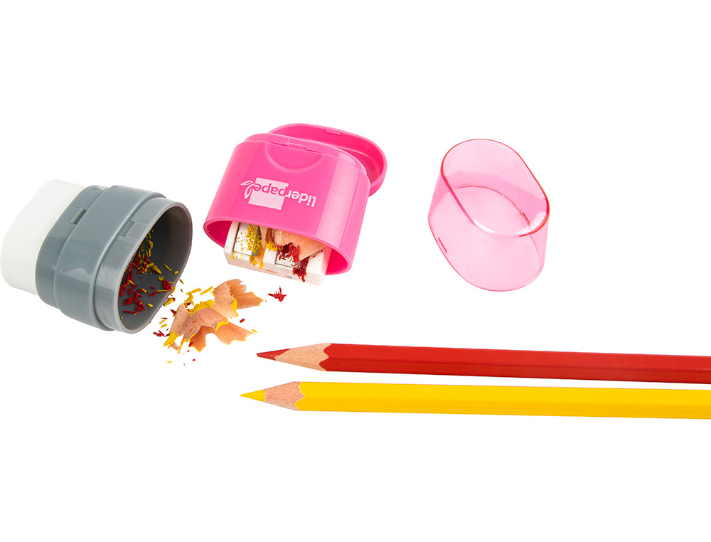 TAILLE-CRAYON LIDERPAPEL PLASTIQUE RÉSERVOIR GOMME SANS PVC 2 USAGES COLORIS ASSORTIS