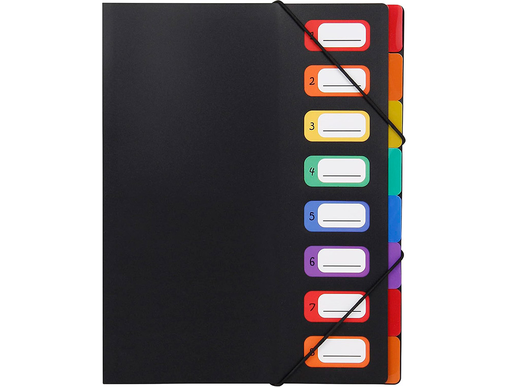 TRIEUR VIQUEL À SOUFFLETS POLYPROPYLÈNE 5/10E 8 COMPARTIMENTS FERMETURE ÉLASTIQUE PORTE ÉTIQUETTE NOIR