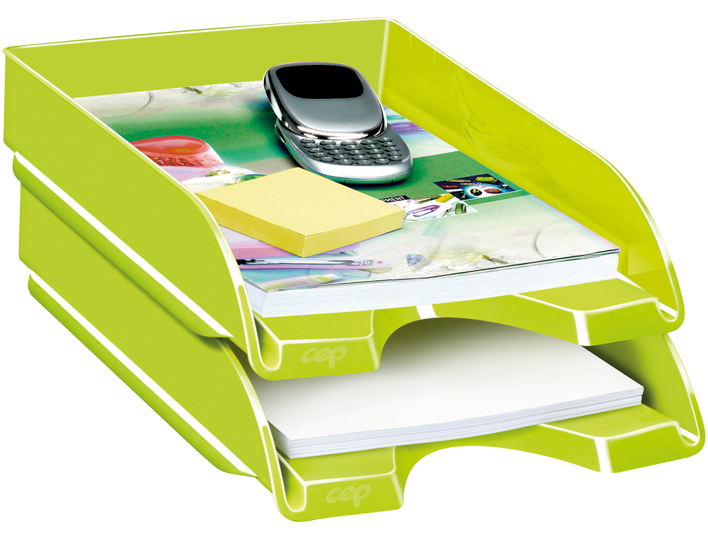 CORBEILLE À COURRIER CEP GLOSS POLYSTYRÈNE 2 RENFORTS LATÉRAUX 348x257x66MM COLORIS VERT ANIS