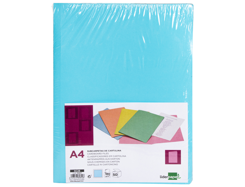 SOUS-CHEMISE LIDERPAPEL PAPIER CARTONNE 180G/M2 310X230MM DOCUMENT A4 COLORIS BLEU PASTEL