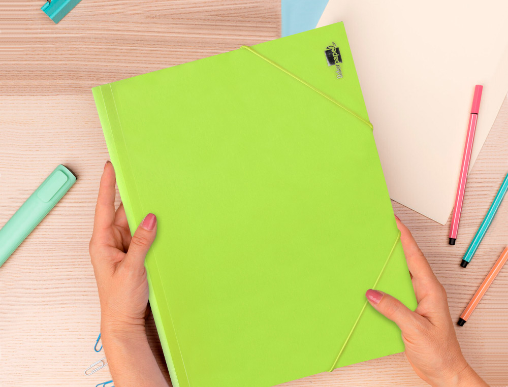 CHEMISE LIDERPAPEL POLYPROPYLENE DOS FLEXIBLE A4 210X297MM 4/10E 3 RABATS 100F ELASTIQUE JAUNE FLUO OPAQUE