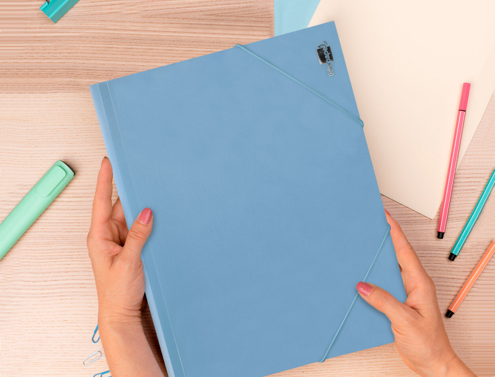 CHEMISE LIDERPAPEL POLYPROPYLENE DOS FLEXIBLE A4 210X297MM 4/10E 3 RABATS 100F ELASTIQUE BLEU CIEL OPAQUE