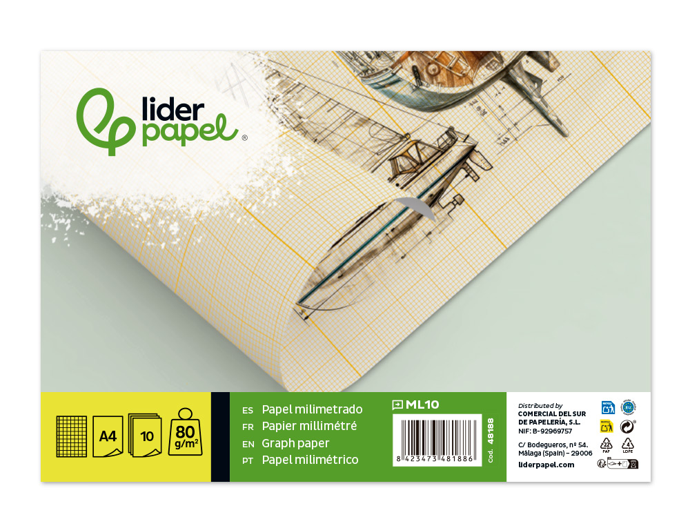 PAPIER MILLIMÉTRÉ LIDERPAPEL 1MM 80G/M2 FEUILLE A4 210X297MM MINIPACK 10F