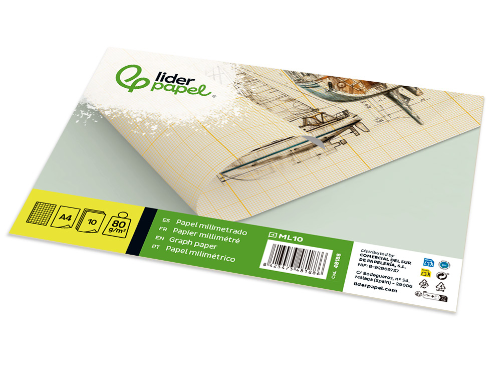 PAPIER MILLIMÉTRÉ LIDERPAPEL 1MM 80G/M2 FEUILLE A4 210X297MM MINIPACK 10F