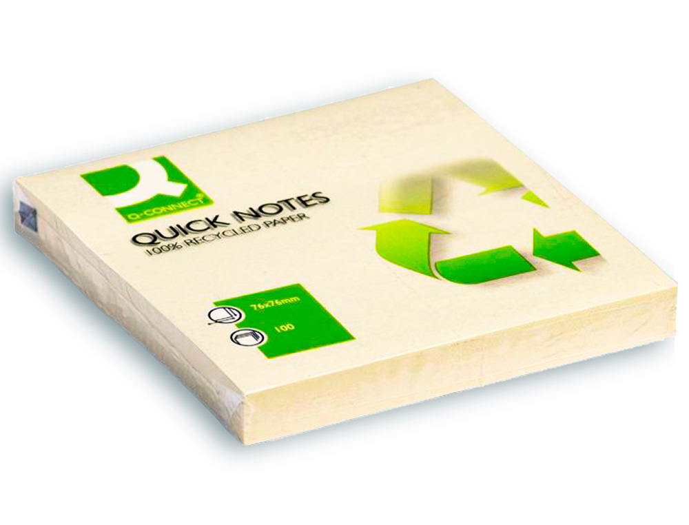 BLOC-NOTES Q-CONNECT QUICK NOTES PAPIER RECYCL 76X76MM 100F REPOSITIONNABLES COLORIS JAUNE
