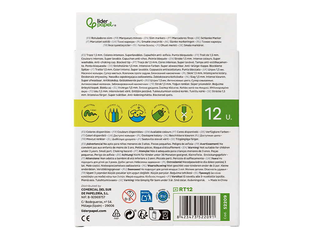 FEUTRE COLORIAGE LIDERPAPEL SLIM LONGUEUR ÉCRITURE 800M POINTE NYLON 2MM DIAMÈTRE ÉTUI CARTON 12 UNITÉS