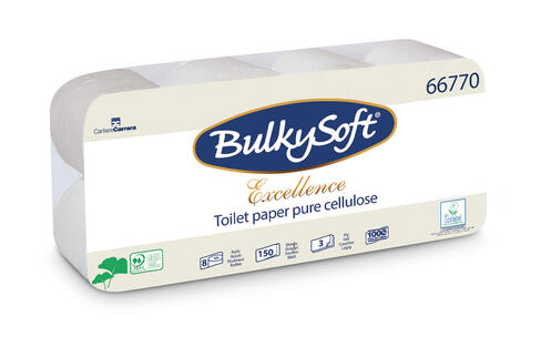 PAPIER TOILETTE PETIT ROULEAU BULKYSOFT BLANC 150 FORMATS 3 PLIS ECOLABEL, PAQUET DE 8 RLX 